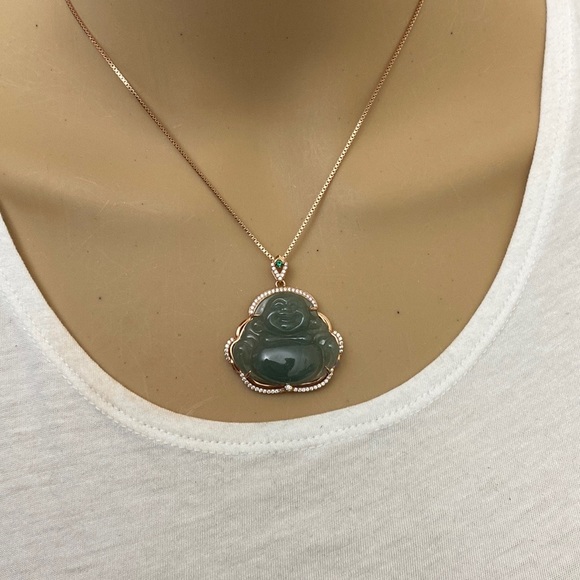 Sterling Silver Rose Gold Plated Laughing Carved Jade Buddha Pendant Necklace
